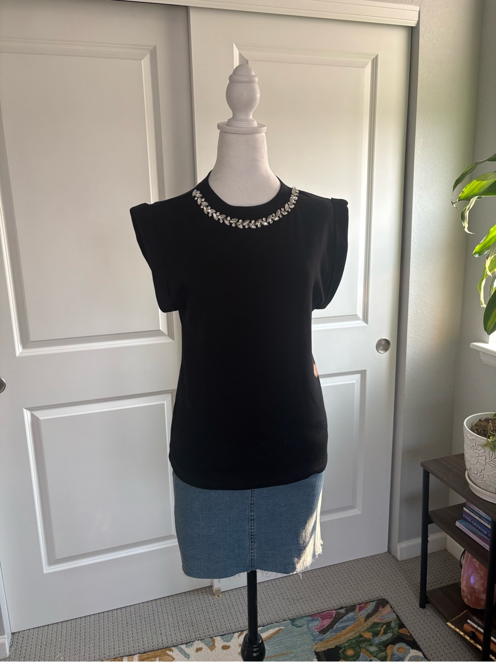 LNA Black Short-Sleeve Tee with Jeweled Neckline